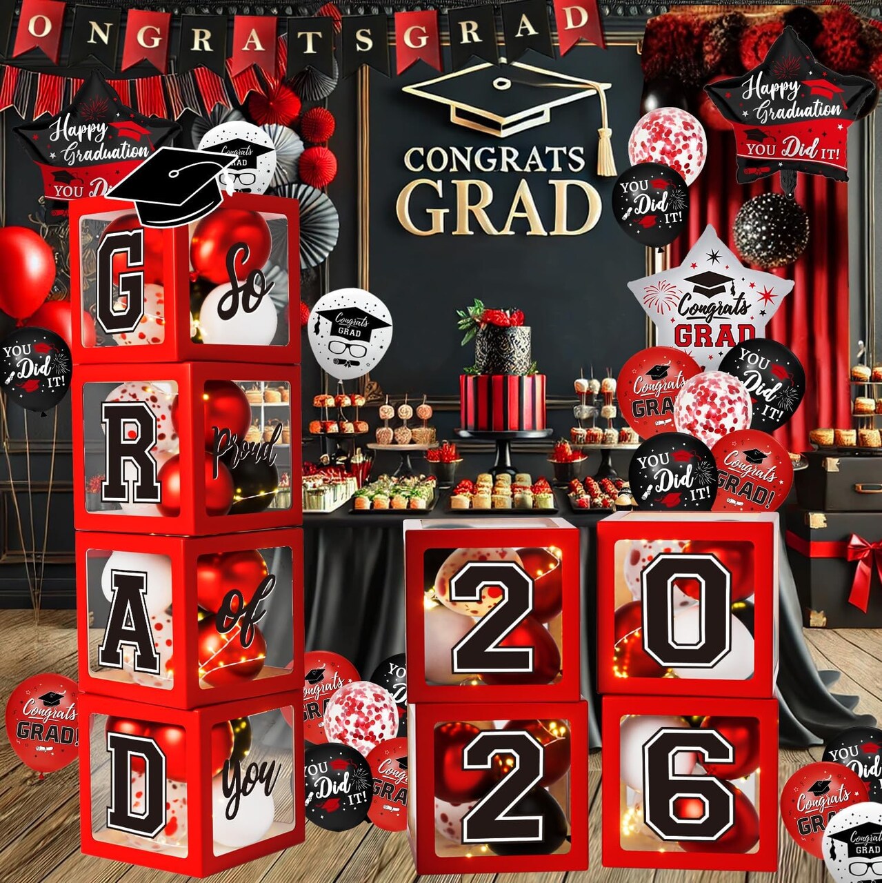 Graduation Decorations Class of 2026 - Red and Black Graduation Decorations - Balloons Boxes with Letters 2026 GRAD So Proud of You, Congrats Grad Party Decorations for Any Grades
